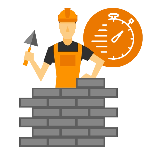 Illustrated stucco and masonry worker with trowel and stopwatch icon representing fast service – Toms River Stucco