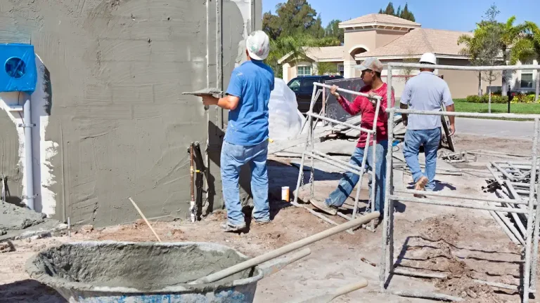 Three-man crew applying fresh cement stucco to exterior wall with trowels and scaffolding – Toms River Stucco